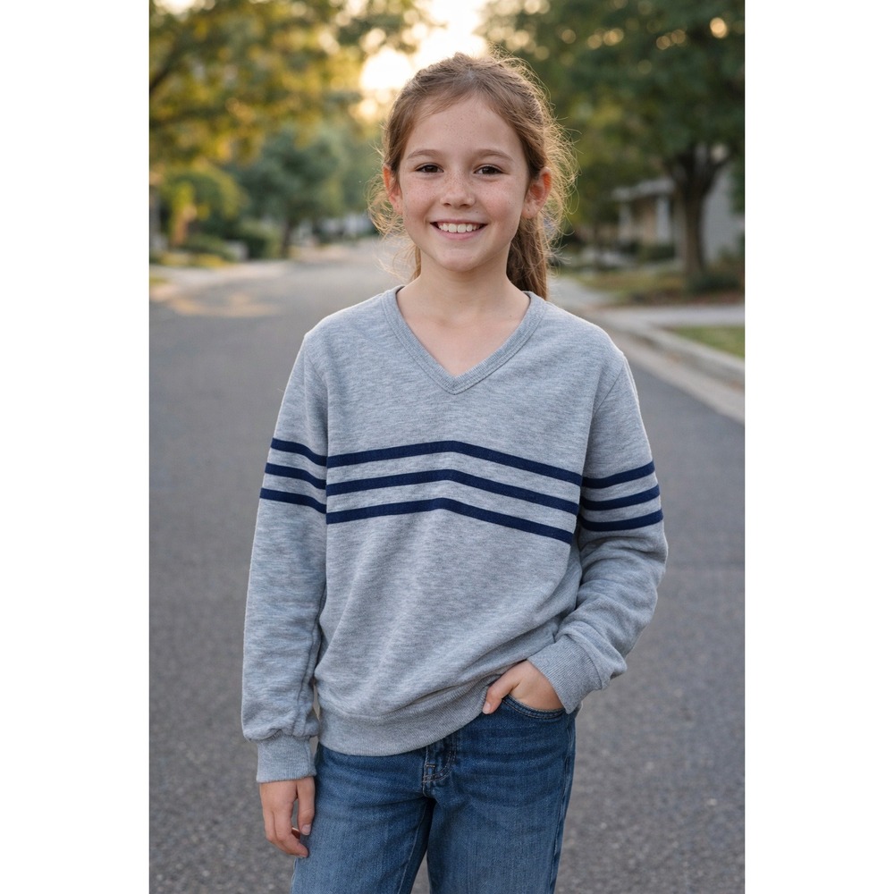 Vintage Julie Girl Gray‎ Navy Striped V-Neck Sweatshirt Kids Large Made in USA